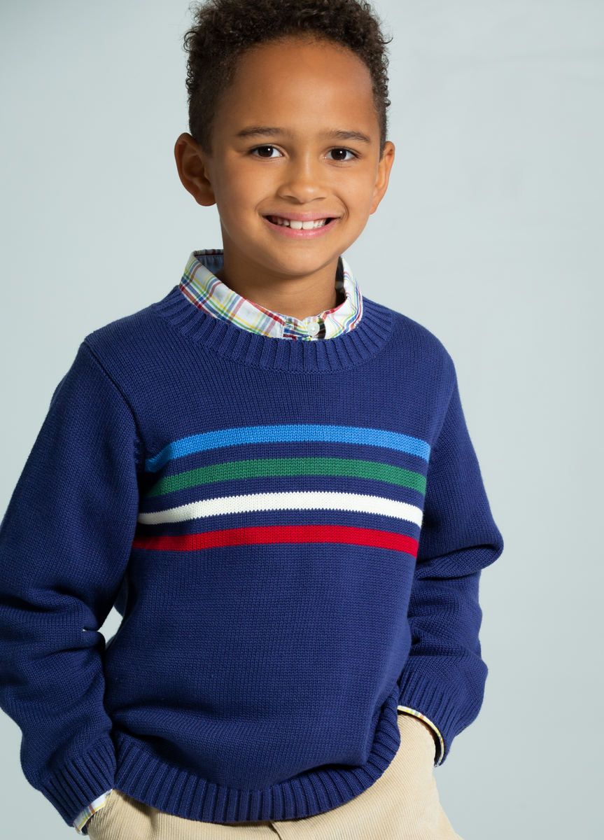 Isabelle's Intarsia Sweater in Beal Street Blue with Hamptons Hot Pink Bow