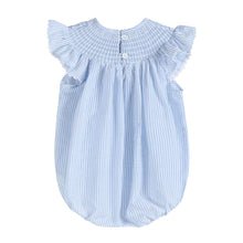 Load image into Gallery viewer, Blue Seersucker Bunny Smocked Flutter Romper