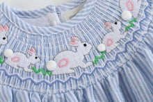 Load image into Gallery viewer, Blue Seersucker Bunny Smocked Flutter Romper