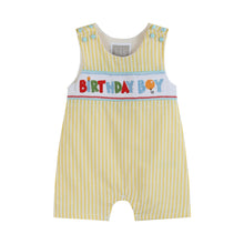Load image into Gallery viewer, Yellow Striped 'Birthday Boy' Smocked Shortall