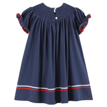 Load image into Gallery viewer, Santa Smocked Bishop Dress- Navy Blue