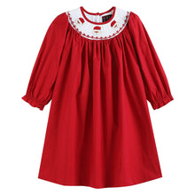 Load image into Gallery viewer, Poplin Santa LS Smocked Bishop Dress- Red