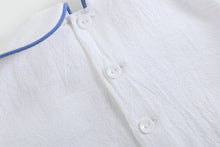 Load image into Gallery viewer, White Collared Top and Blue Button Shorts
