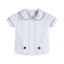 Load image into Gallery viewer, White Collared Top and Blue Button Shorts