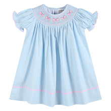 Load image into Gallery viewer, Blue & Pink Bow Smocked Bishop Dress