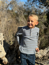 Load image into Gallery viewer, Adams Henley- Grey/Cream/Blue Stripe