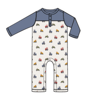 Load image into Gallery viewer, Mini Tractors Romper w/ Contrast Sleeves- White/Blue