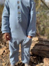 Load image into Gallery viewer, Mitch Henley Romper- Blue/White Stripe