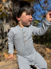 Load image into Gallery viewer, Mitch Henley Romper- Grey/White Stripe