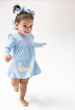 Load image into Gallery viewer, Duck Family Applique Dress & Diaper Cover- Chambray Blue Dot