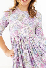 Load image into Gallery viewer, Spring Gardens 3/4 Sleeve Pocket Twirl Dress - Flowers PK / PUR