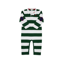 Load image into Gallery viewer, Sir Proper’s Rugby Romper- Grier Green Rugby Stripe/ Richmond Red
