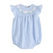 Load image into Gallery viewer, Blue Seersucker Bunny Smocked Flutter Romper
