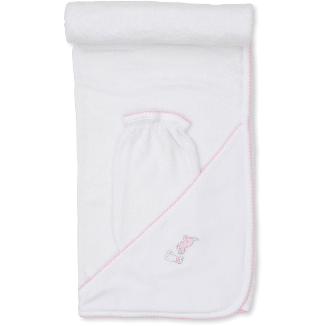 Puppy Dog Fun Pink Embroidered Hooded Towel w/ Mitt Set