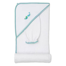 Load image into Gallery viewer, Watercolor Whales Embroidered Hooded Towel &amp; Mitt Set
