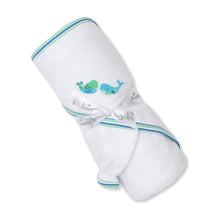 Load image into Gallery viewer, Watercolor Whales Embroidered Hooded Towel &amp; Mitt Set
