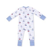 Load image into Gallery viewer, Bubbly Sailboats Blue Bamboo Conv Romper