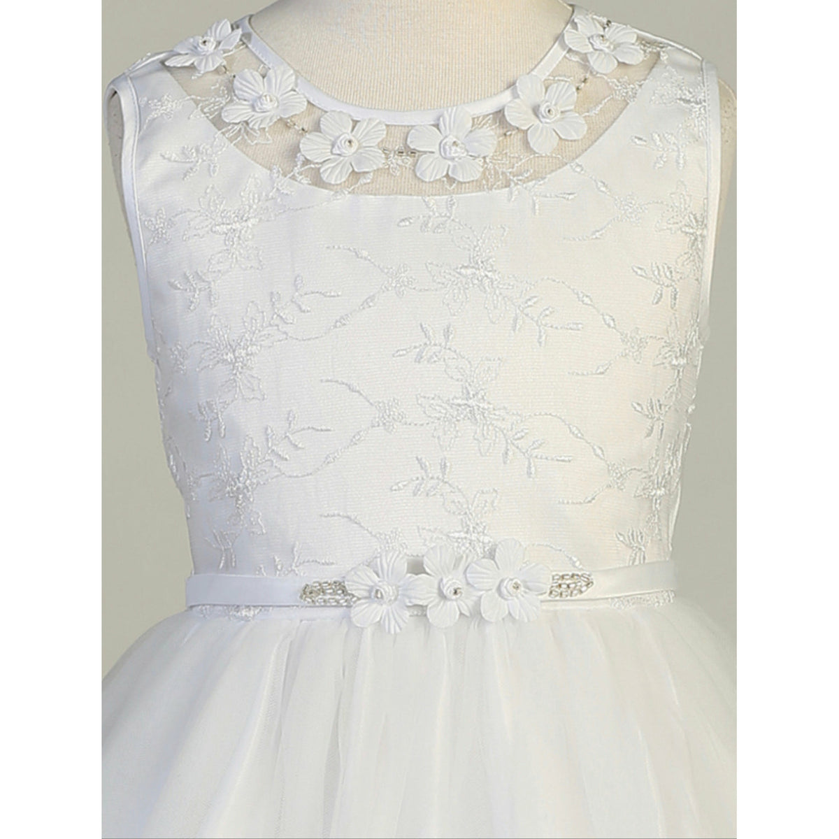 Kids White Tulle A-Line Dress with Applique Flowers