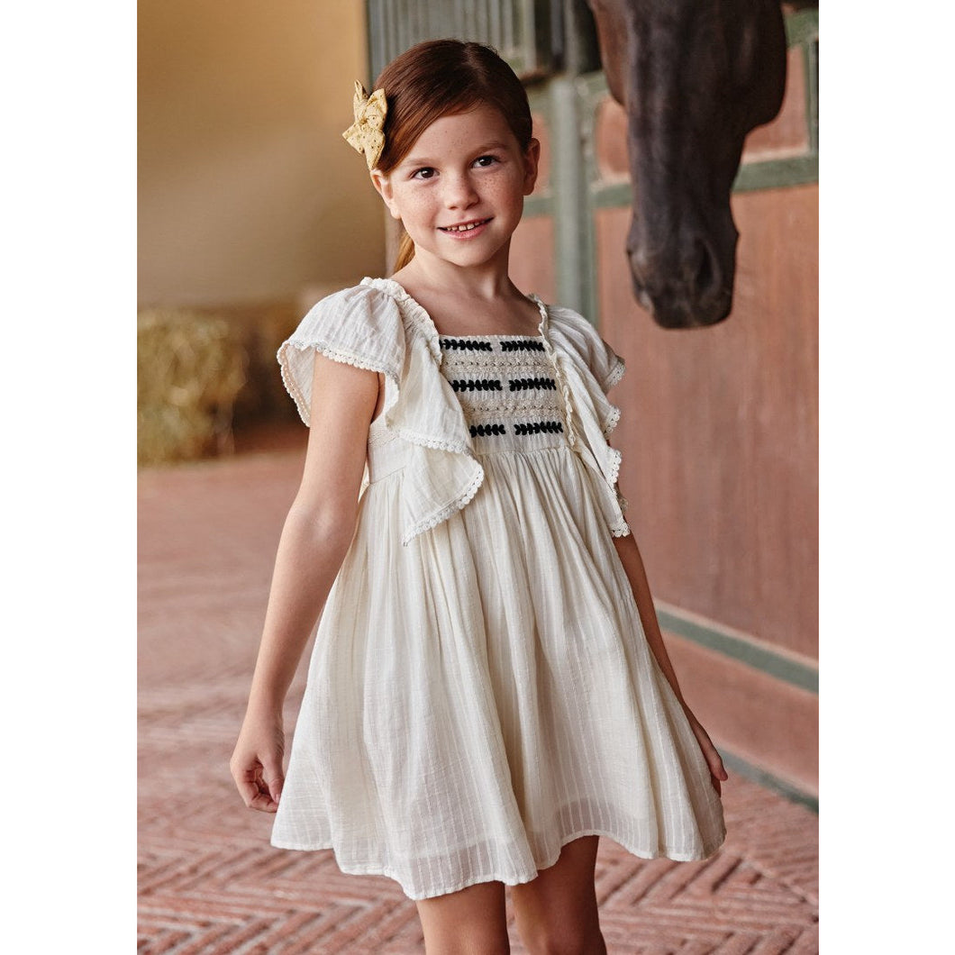 Embroidered Motif Ruffled Dress in Cream