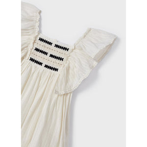 Embroidered Motif Ruffled Dress in Cream