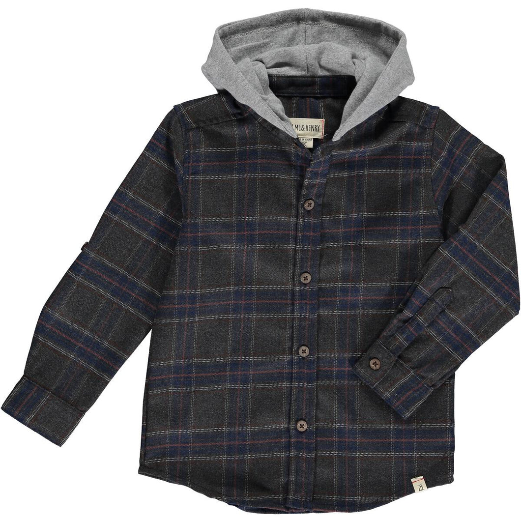 Erin Hooded Woven Shirt- Charcoal/Blue Plaid