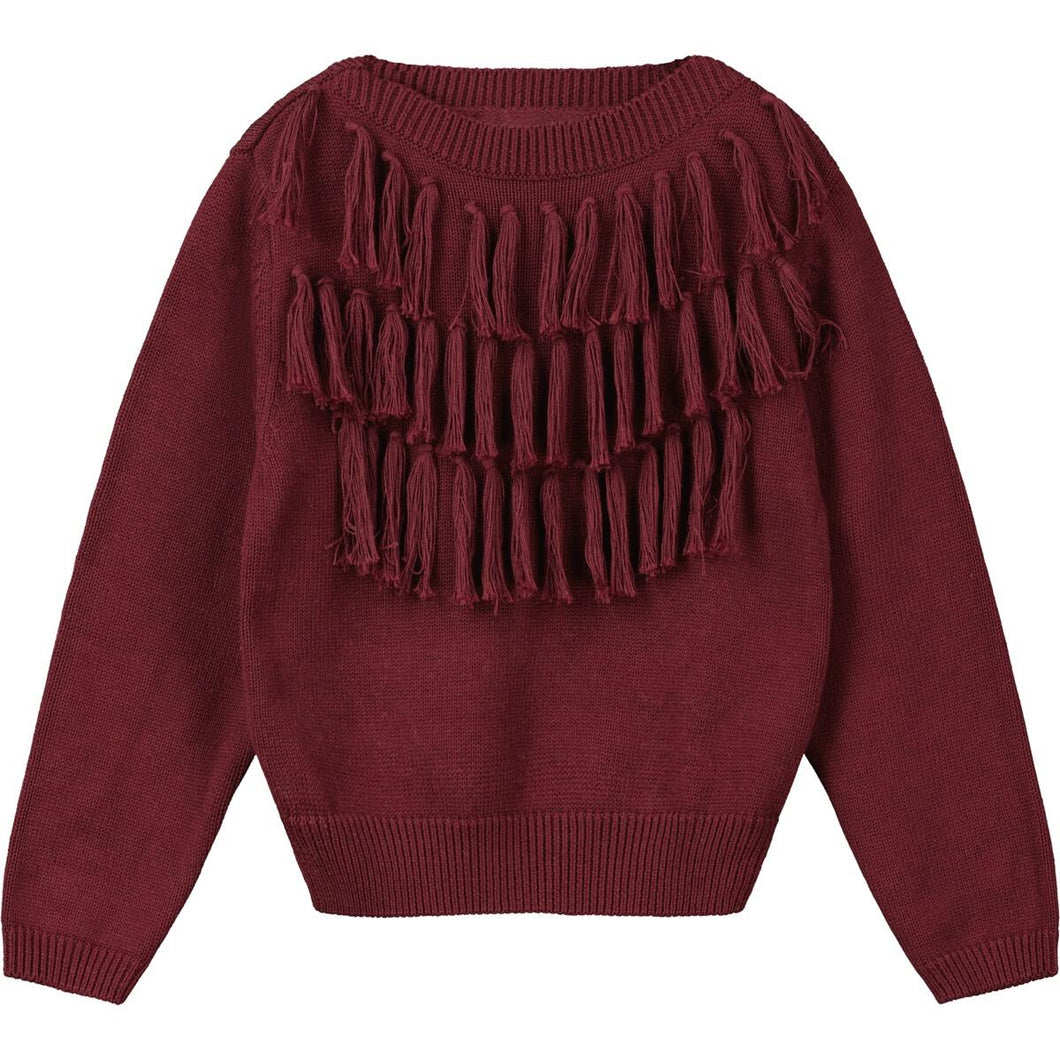 Longline Fringed Knit Sweater- Dark Plum