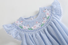 Load image into Gallery viewer, Blue Seersucker Bunny Smocked Flutter Romper
