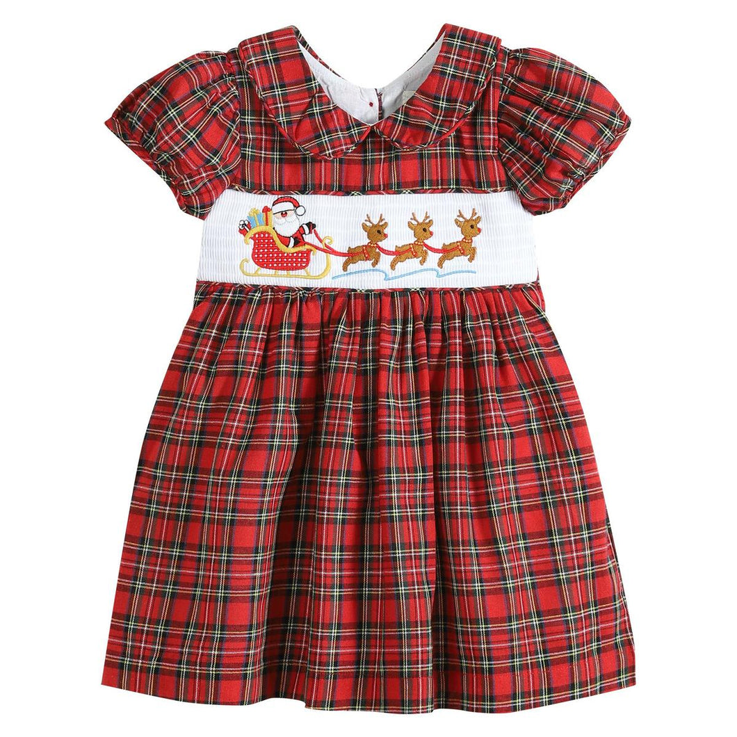 Christmas Plaid Santa Sleigh Smocked Dress- Red