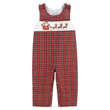 Load image into Gallery viewer, Christmas Plaid Santa Sleigh Smocked Overalls- Red
