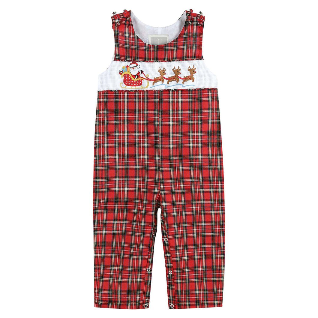 Christmas Plaid Santa Sleigh Smocked Overalls- Red