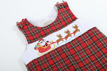 Load image into Gallery viewer, Christmas Plaid Santa Sleigh Smocked Overalls- Red
