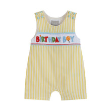 Load image into Gallery viewer, Yellow Striped &#39;Birthday Boy&#39; Smocked Shortall
