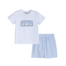 Load image into Gallery viewer, Blue Seersucker Bunnies Smocked Shirt &amp; Shorts Set
