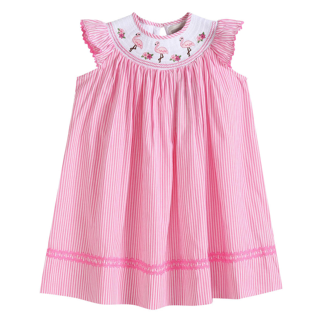 Pink Striped Flamingo Smocked Bishop Dress