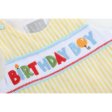 Load image into Gallery viewer, Yellow Striped &#39;Birthday Boy&#39; Smocked Shortall
