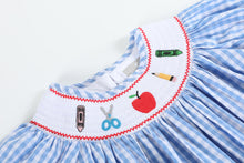 Load image into Gallery viewer, School Supplies Smocked Bishop Dress- Blue Gingham
