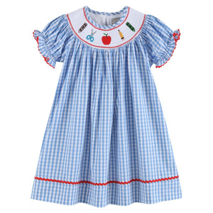 School Supplies Smocked Bishop Dress- Blue Gingham