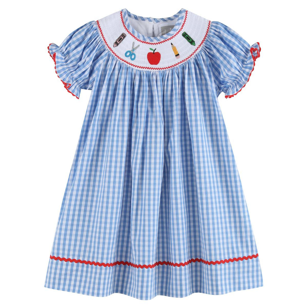 School Supplies Smocked Bishop Dress- Blue Gingham