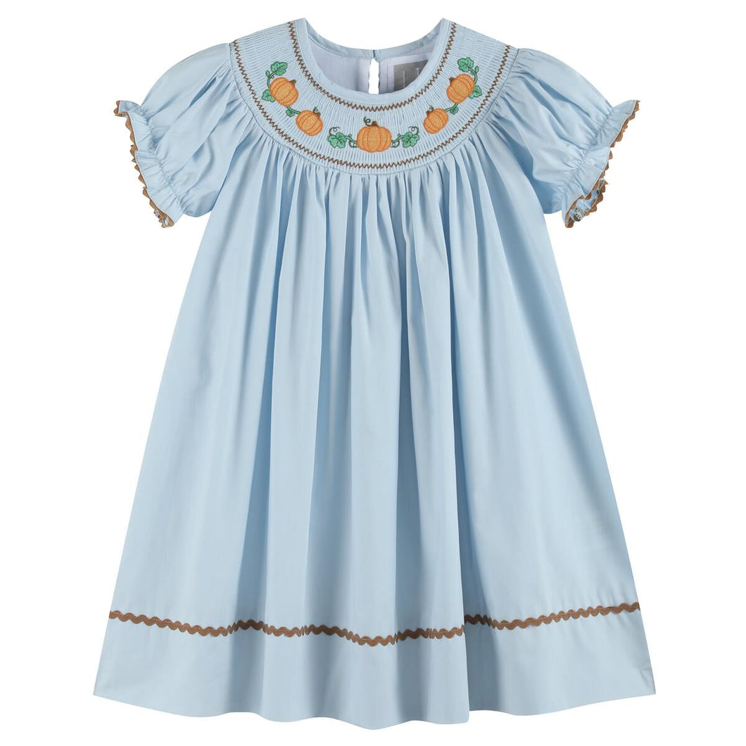 Pumpkin Smocked Bishop Dress- Blue