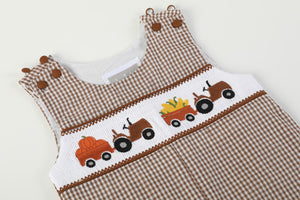 Pumpkin & Corn Tractor Smocked Overalls- Brown Gingham