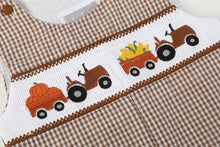 Load image into Gallery viewer, Pumpkin &amp; Corn Tractor Smocked Overalls- Brown Gingham
