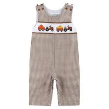 Load image into Gallery viewer, Pumpkin &amp; Corn Tractor Smocked Overalls- Brown Gingham
