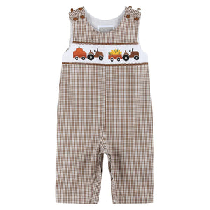 Pumpkin & Corn Tractor Smocked Overalls- Brown Gingham