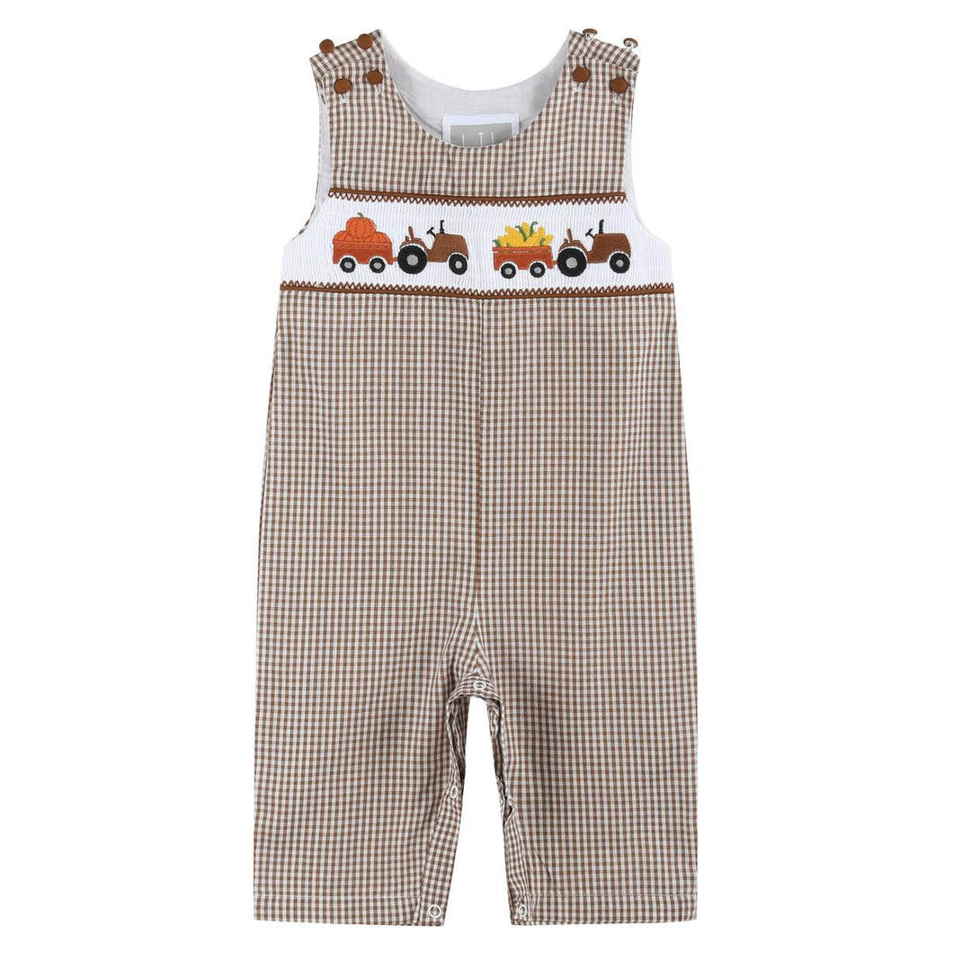 Pumpkin & Corn Tractor Smocked Overalls- Brown Gingham
