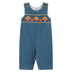 Turkey Smocked Overalls- Cobalt Blue