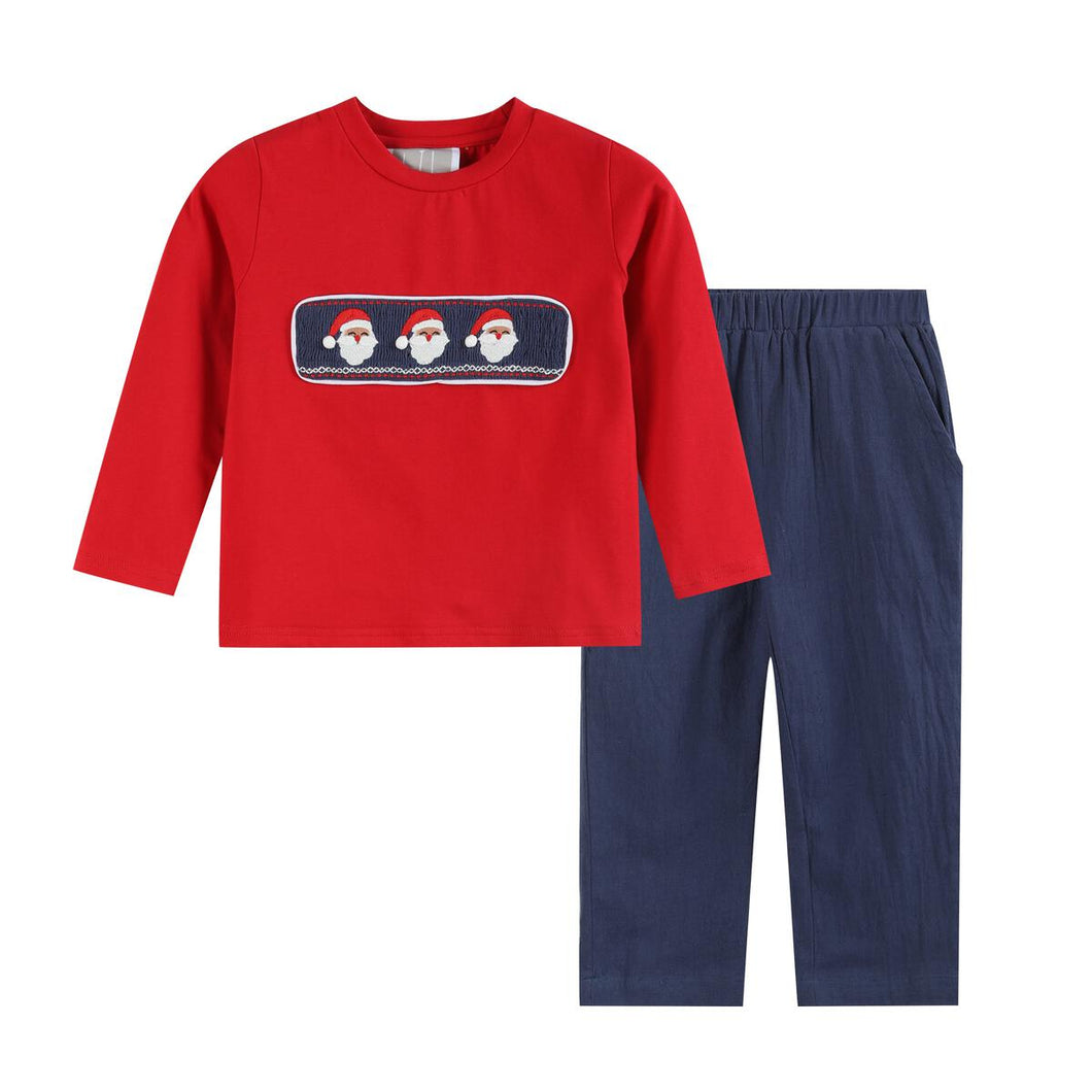 Red Santa Smocked Shirt & Navy Pants Set