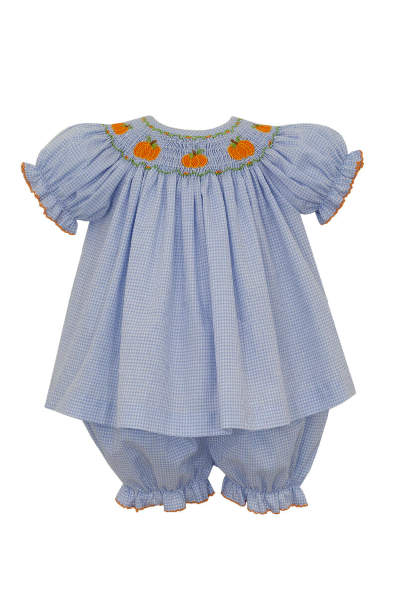 Pumpkins Smocked Bishop Bloomer Set- Light Blue Gingham