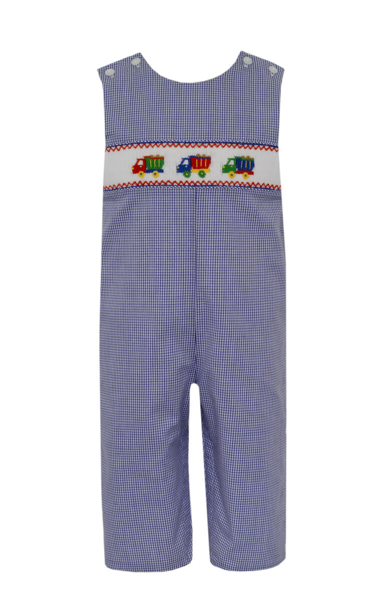 Dump Trucks Smocked Jon Jon- Navy Blue Check