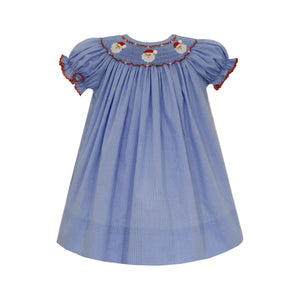 Santa's Face Smocked Bishop Dress- Blue Microcheck