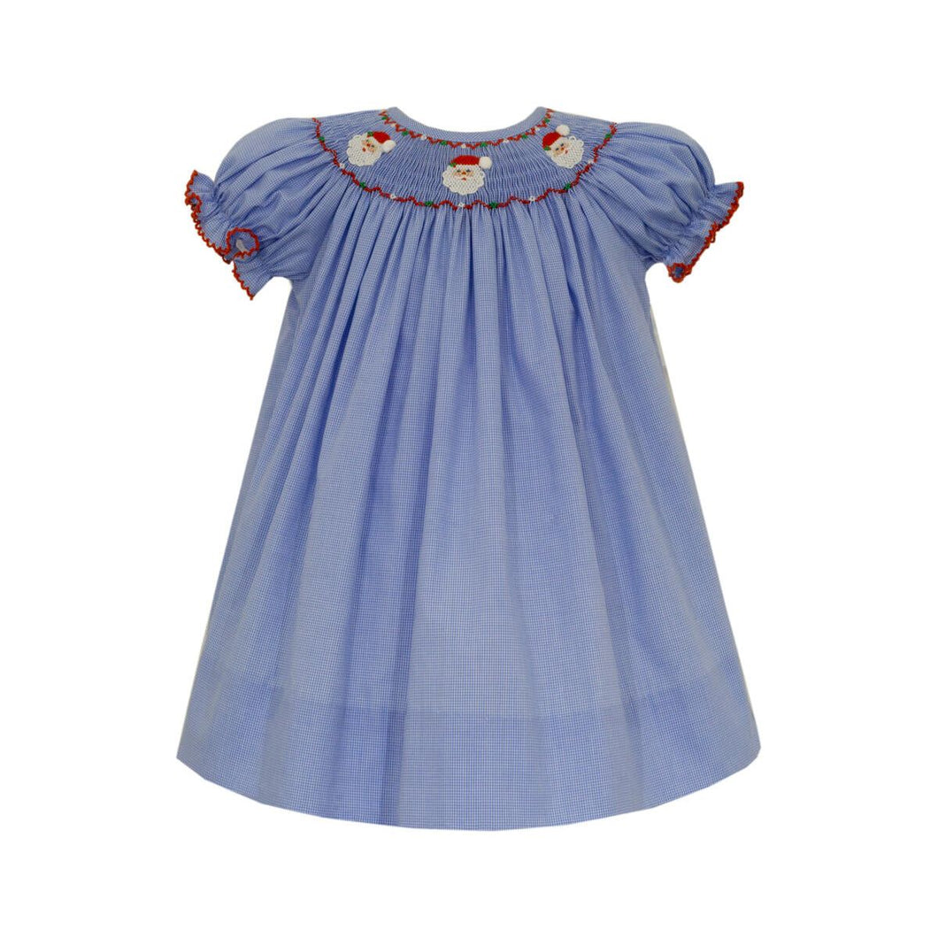 Santa's Face Smocked Bishop Dress- Blue Microcheck
